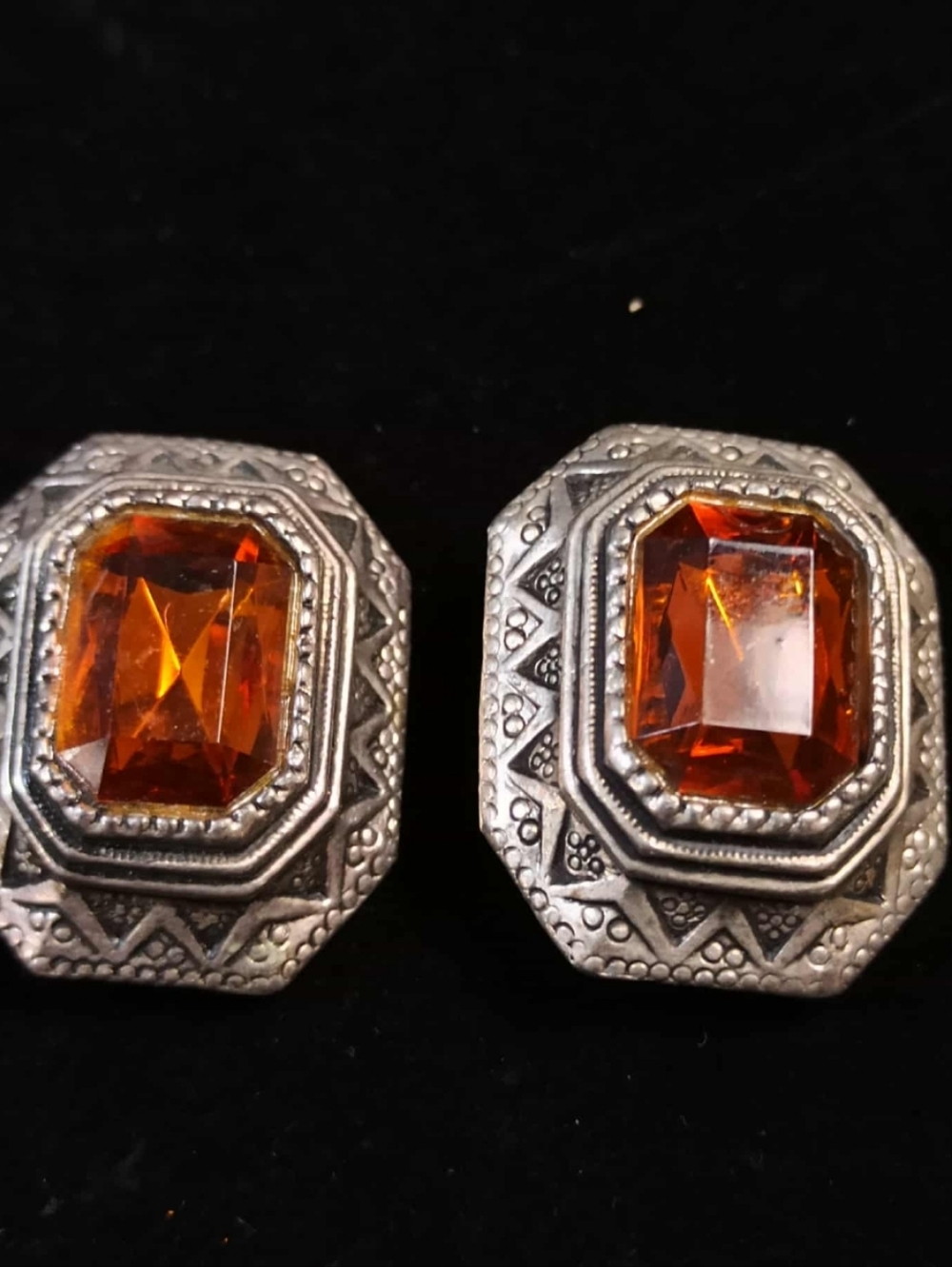 Vintage 80’s Amber Faceted Glass Statement Earrings Silver Tone Heavy Art Deco - Picture 9 of 11